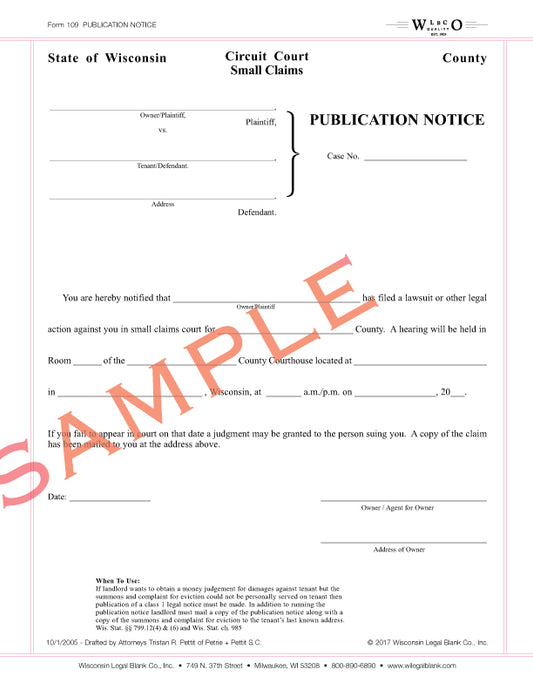 109 Publication Notice for Small Claims