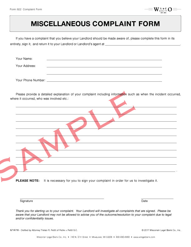 922 Miscellaneous Complaint Form
