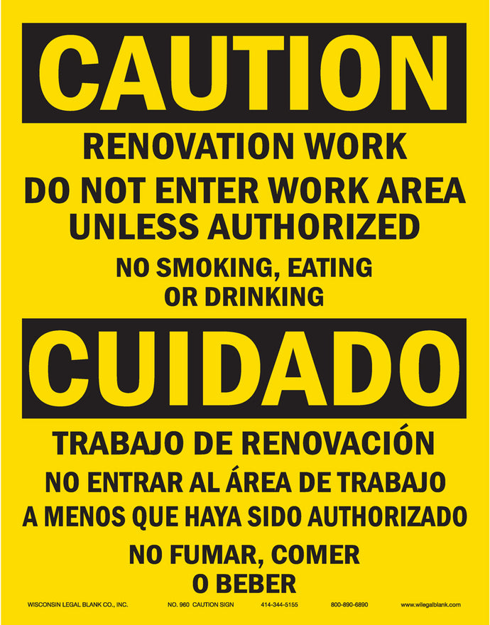 960 Renovation Caution Sign in Spanish & English