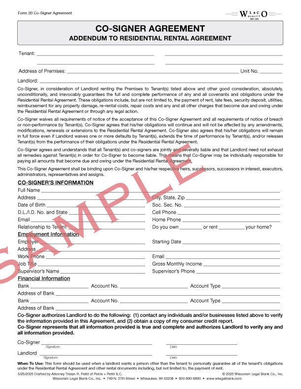 20 Co-Signer Agreement Addendum to Residential Rental Agreement