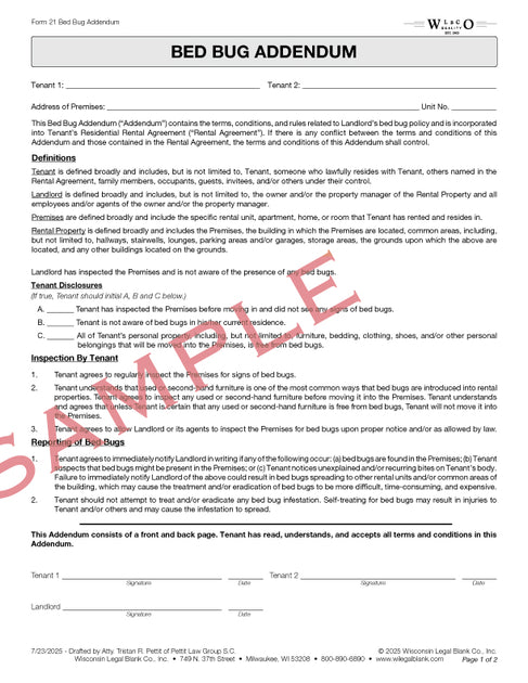21 Bed Bug Addendum – Wisconsin Legal Blank