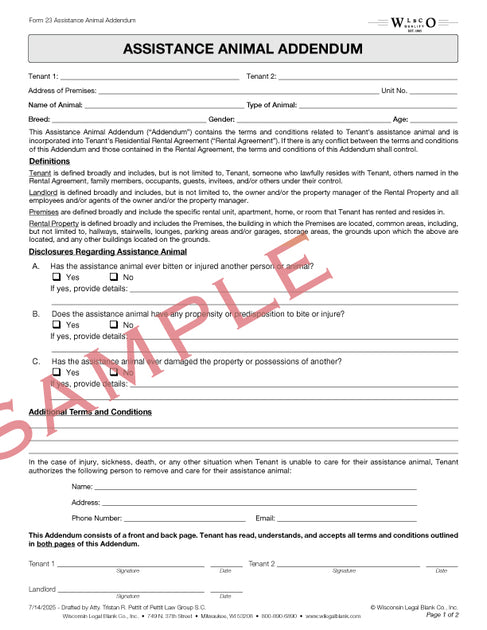 23 Assistance Animal Addendum – Wisconsin Legal Blank