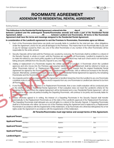 29 Roommate Agreement Addendum – Wisconsin Legal Blank