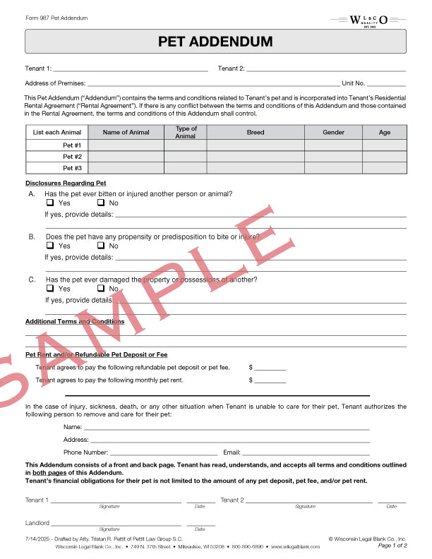 987 Pet Addendum – Wisconsin Legal Blank