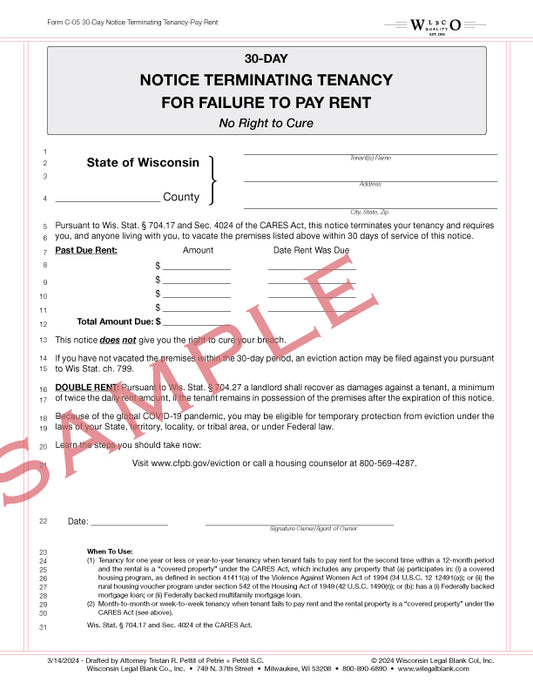 C-05 30-Day Notice Terminating Tenancy For Failure To Pay Rent No Right To Cure for CARES ACT