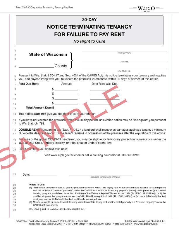 C-05 30-Day Notice Terminating Tenancy For Failure To Pay Rent No Right To Cure for CARES ACT