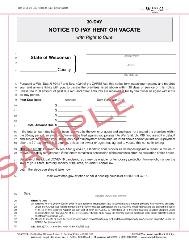 C-06 30-Day Notice To Pay Rent Or Vacate With Right To Cure for CARES ACT