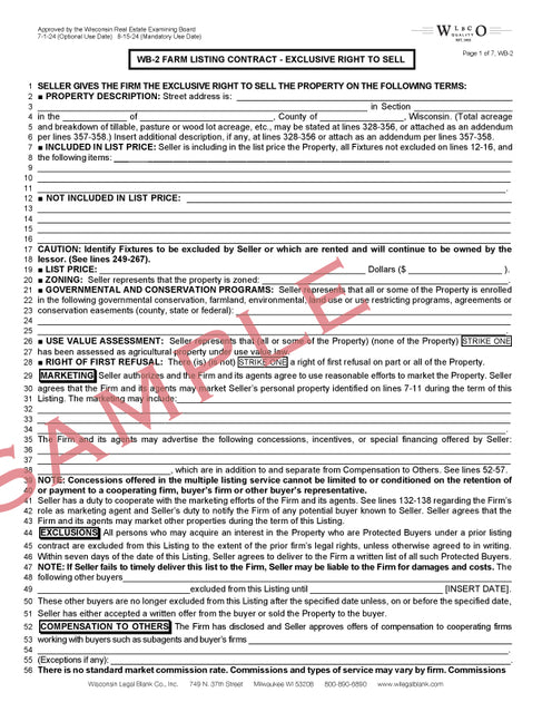 WB-2 Farm Listing Contract – Wisconsin Legal Blank