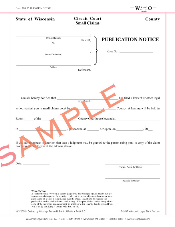 109 Publication Notice for Small Claims – Wisconsin Legal Blank