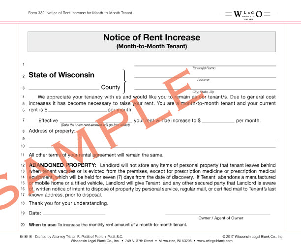 332 Notice of Rent Increase – Wisconsin Legal Blank