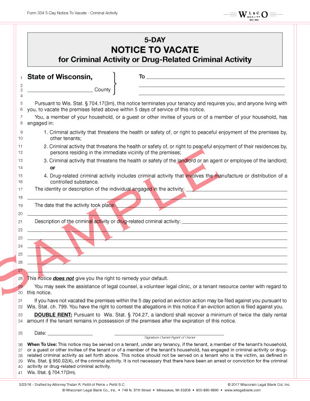 334 5-Day Notice to Vacate for Criminal Activity or Drug Related Criminal Activity