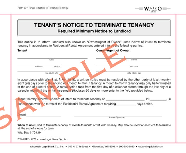 337 Tenant's Notice to Terminate Tenancy – Wisconsin Legal Blank