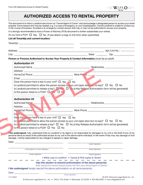 339 Authorized Access to Rental Property – Wisconsin Legal Blank