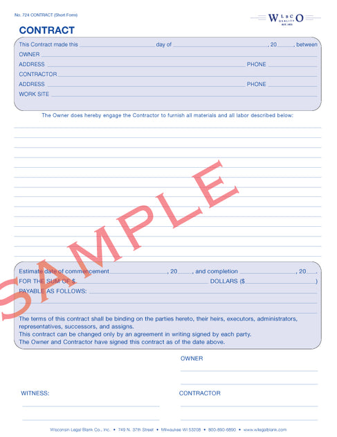 Contract for Work – Wisconsin Legal Blank