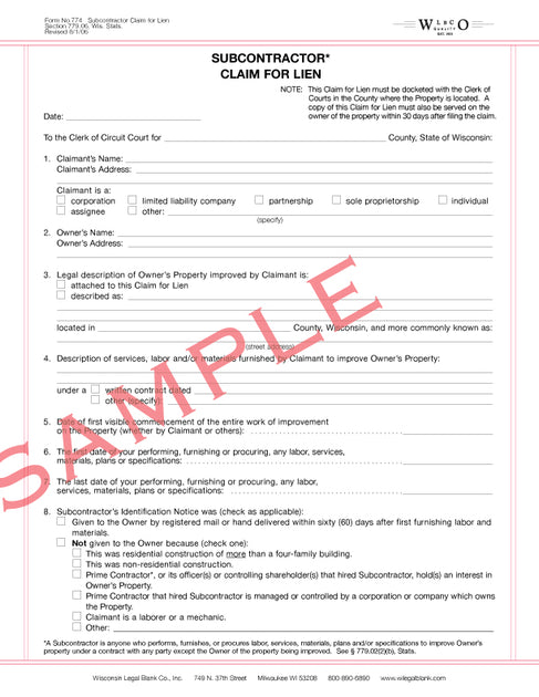 774 Sub-Contractor Claim for Lien – Wisconsin Legal Blank
