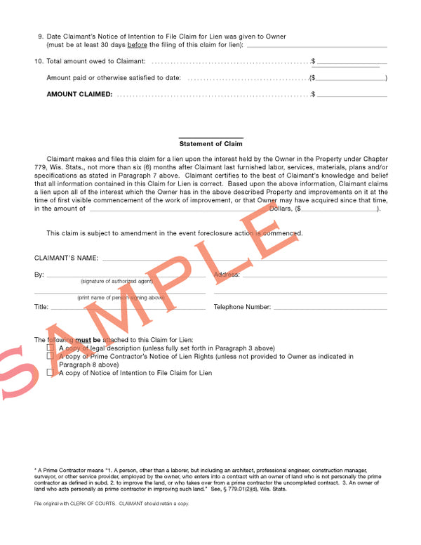 774 Sub-Contractor Claim for Lien – Wisconsin Legal Blank