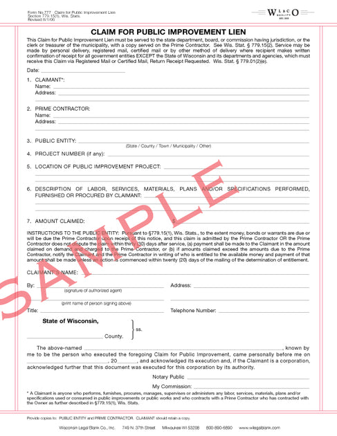 777 Claim for Public Improvement Lien – Wisconsin Legal Blank