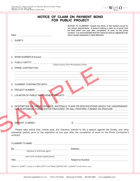 779 Notice of Claim on Payment Bond for Public Project – Wisconsin ...
