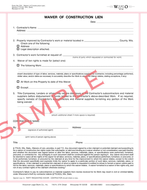 Wi Lien Example 783 Waiver of Construction Lien – Wisconsin Legal Blank