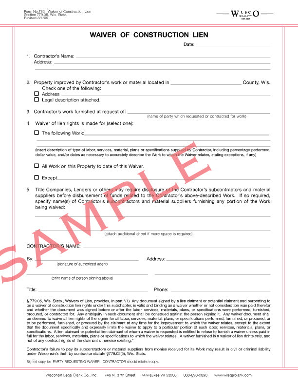 783 Waiver of Construction Lien
