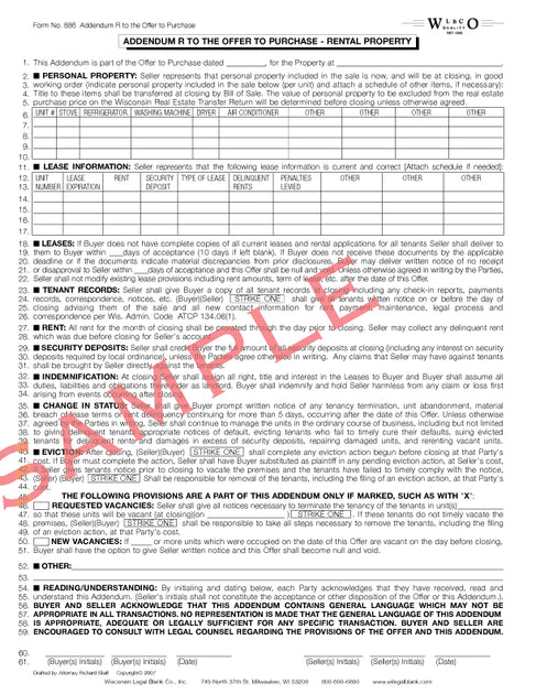 886 Addendum R Offer to Purchase Rental Property – Wisconsin Legal Blank