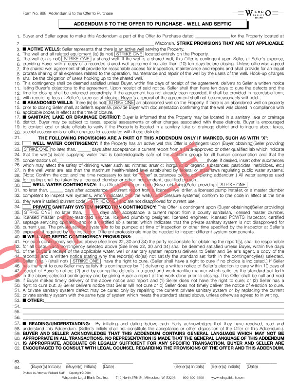 888 Addendum B Offer to Purchase Well & Septic