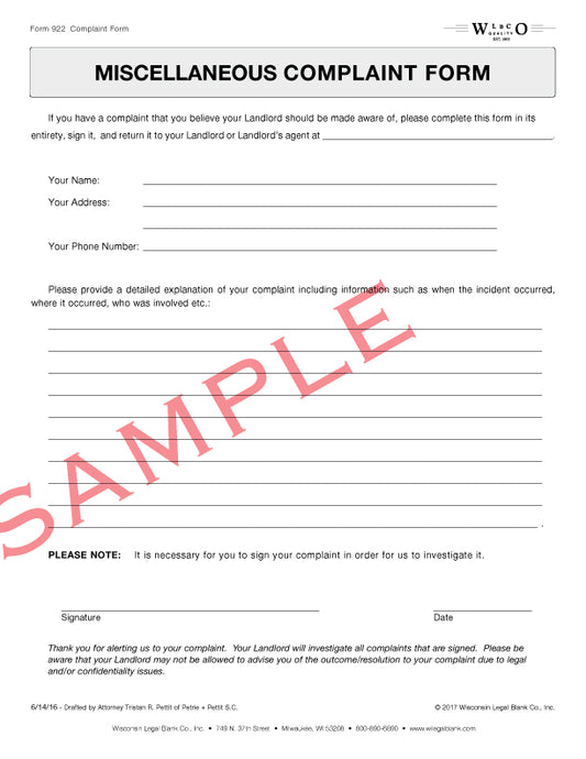 922 Miscellaneous Complaint Form