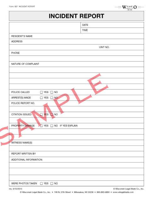 Wisconsin's 240 Form.pdf 927 Incident Report – Wisconsin Legal Blank