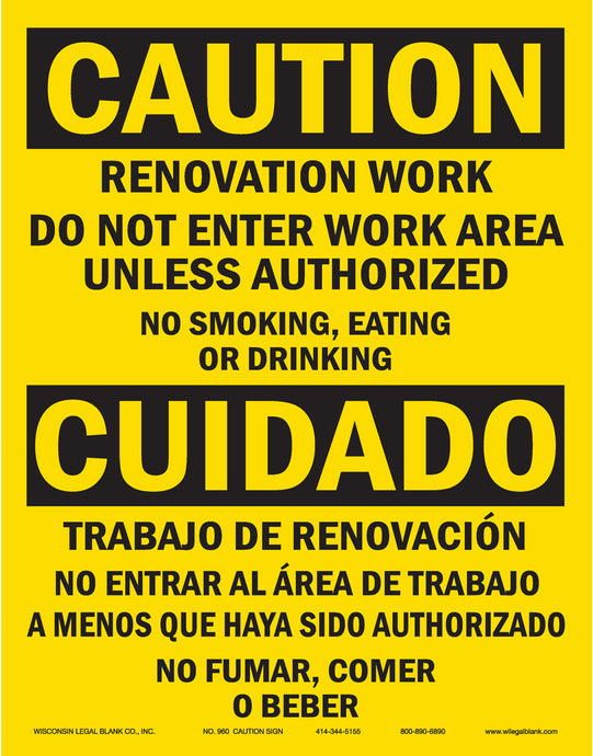 960 Renovation Caution Sign in Spanish & English