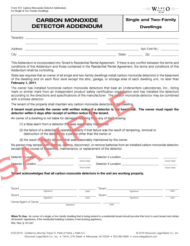 972 Carbon Monoxide Detector Notice for Single & Two Family