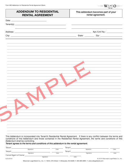 983 Blank Addendum to Residential Rental Agreement – Wisconsin Legal Blank