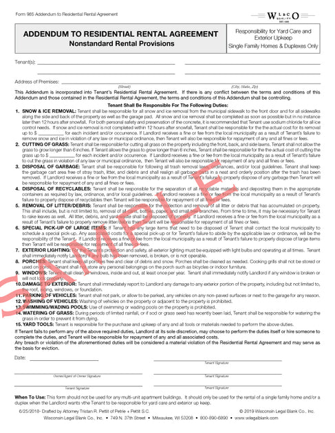 985 Addendum to Residential Rental Agreement – Wisconsin Legal Blank