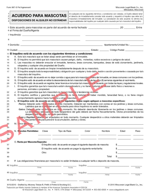 987 Pet Addendum – Wisconsin Legal Blank