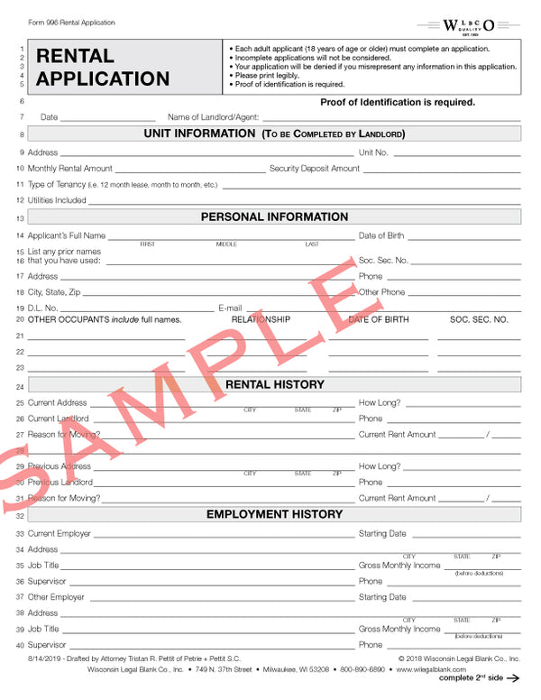996 Rental Application – Wisconsin Legal Blank