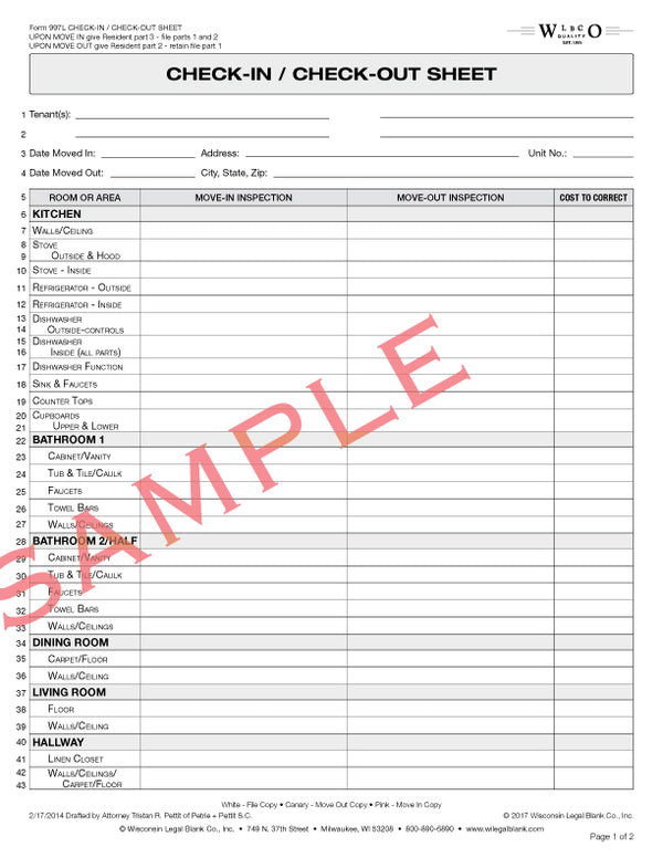 997 / 997L Check In / Check Out Sheet – Wisconsin Legal Blank