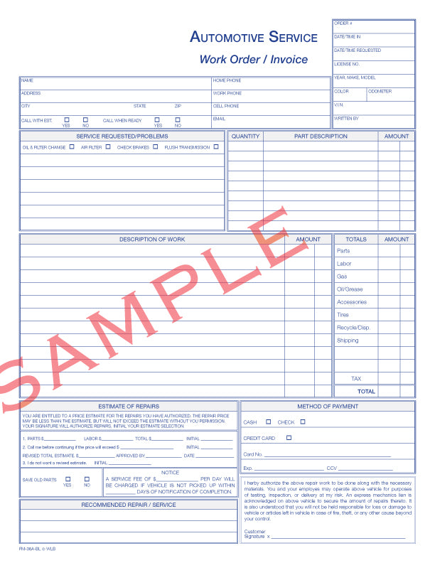 FM-36A Automotive Service Invoice/Work Order