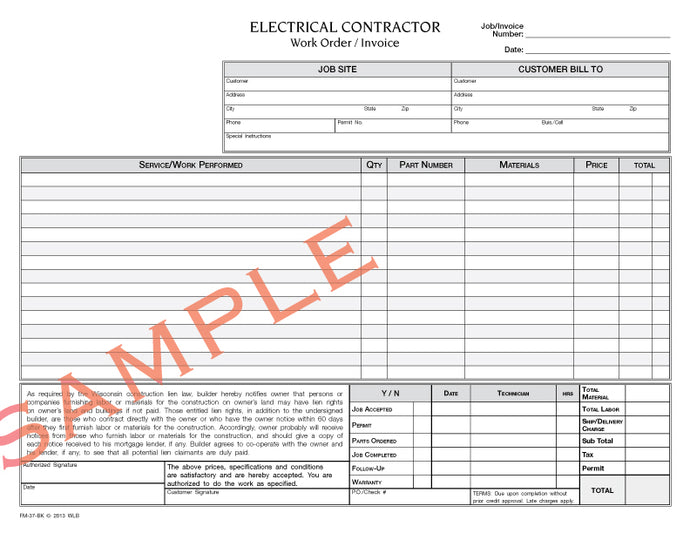 FM-37 Electrical Work Order Invoice